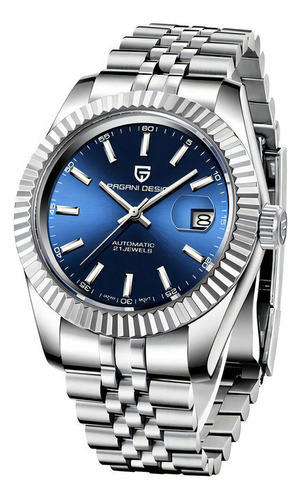 Relógio de pulseira Pagani Design Sports D/Aço Inoxidável. P/Cor da pulseira masculina: cor da moldura prateada, cor de fundo prateada, azul