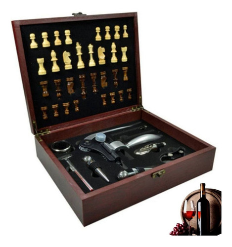 Jogo Para Vinho Com Xadrez Inox Caixa Luxo Madeira 9 Peças