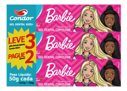 Pasta De Dentes Infantil Condor Kids+ Barbie Morango Em Gel 