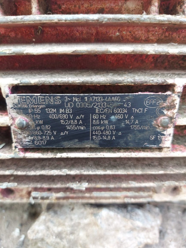 Motor Eléctrico Siemens Trifásico 10hp 1455rpm (Usado)
