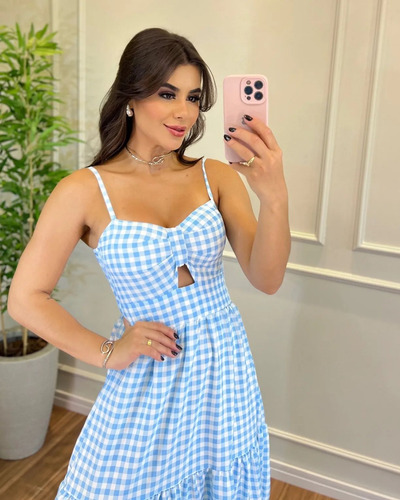 Vestido Feminino Midi Longuete Xadrez Com Lastex Alças Finas