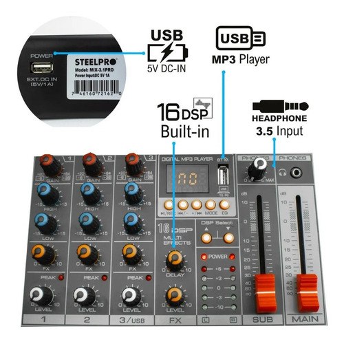 Mezcladora 4 Canales 3+subwoofer Xlr Bluetooth Usb Steelpro