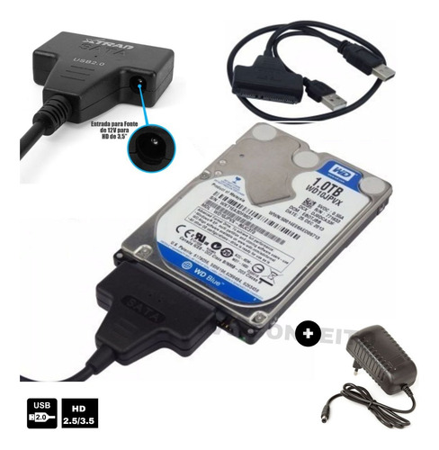 Cabo Conversor Ssd Hd Sata Notebook 2,5 3,5 Para Usb 2.0 Pc