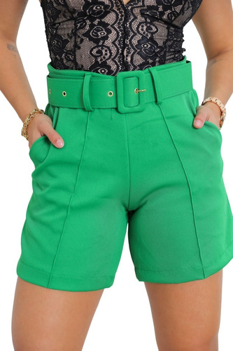 Shortinho Feminino Alfaiataria Social Com Cinto Forrado Moda