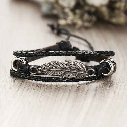 Set 5 Pulsera Manilla Brazalete De Cuero Pluma Hombre Mujer