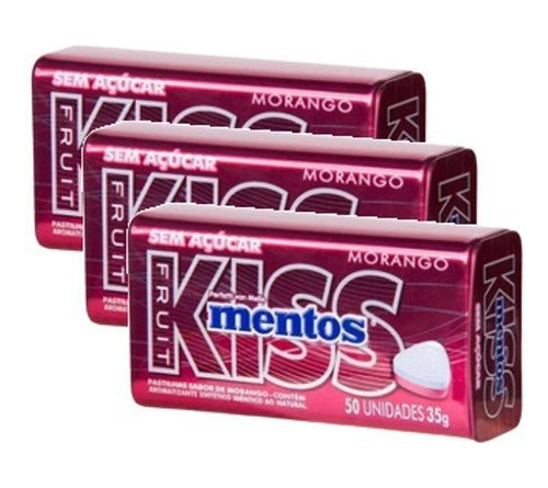 3 Bala Kiss Mentos Sabor Morango Sem Açúcar 50 Unidades 35g