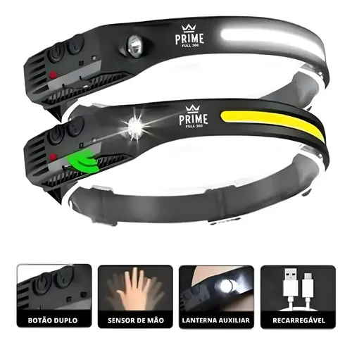 Lanterna de Cabeça Prime Full 360 LED Cob Super Potente Recarregável USB-C Branca Com Sensor de Movimento Resistente à Água para Pesca Camping Trilha Bike Corrida Caça Caminhada Aventura Emergência