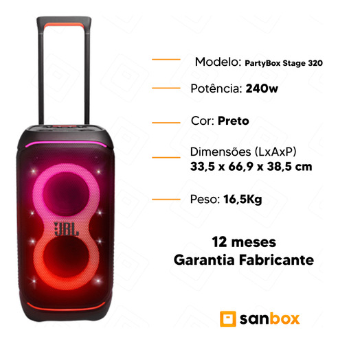 Caixa De Som Jbl Partybox Stage 320 Portátil 6,5 Pol - 2 Mic