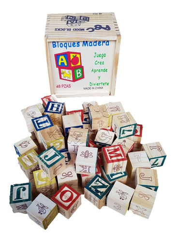 Bloques Abc Madera Figuras Letras Animales 48 Piezas 3 Cm