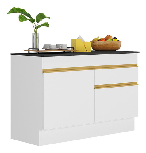 Balcão Cozinha 120cm Com Rodapé Veneza Multimóveis V2117 Cor Branco/dourado
