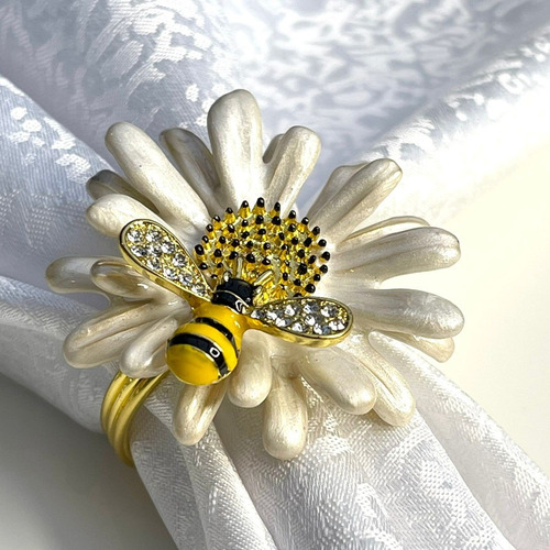 Anillo Servilletero Metálico Flor Blanca Abeja