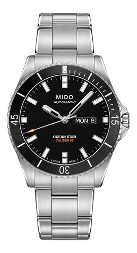 Reloj Mido Ocean Star Captain M0264301105100, correa automática, color plateado, color de bisel negro, color de fondo negro