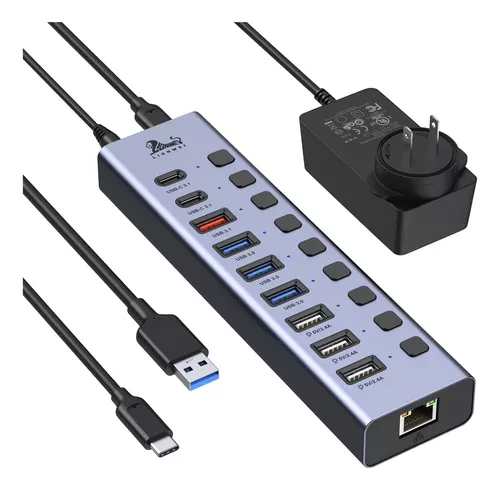 Hub USB 3.0 alimentado, divisor de puerto USB múltiple de 7 puertos,  concentrador alimentado por USB 3 con interruptores LED individuales de