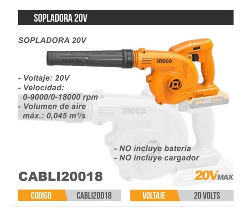Sopladora Aspiradora Inalambrica Ingco Cabli20018 + Bat 2 Ah