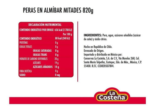 Peras En Almíbar La Costeña En Mitades 820 Gr 6 Piezas