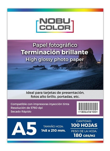 Papel Foto Glossy A5 148 X 210 Mm. 180 Gr. 100 Hojas