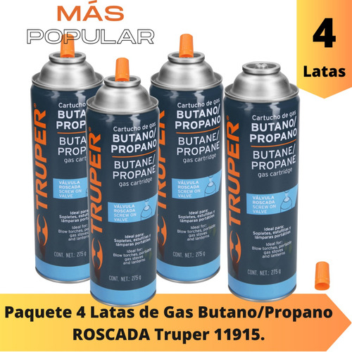 4 Latas Gas Butano Valvula Roscada Estufas Boquillas Mechero