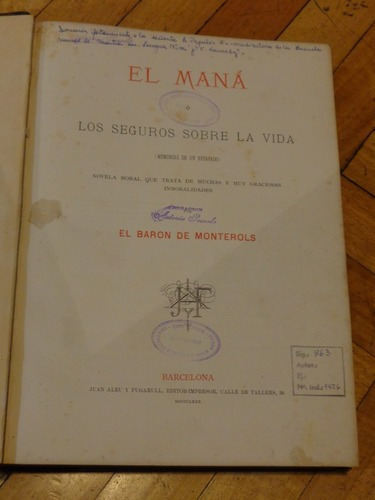 El Maná O Seguros Sobre La Vida. Barón De Monterols. 1880