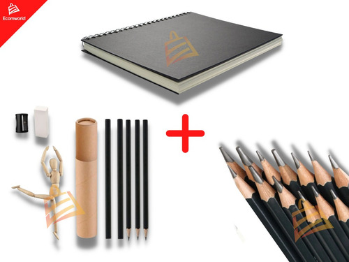 Cuaderno Dibujo + Kit Lapices Carbon + Maniquie Profesional