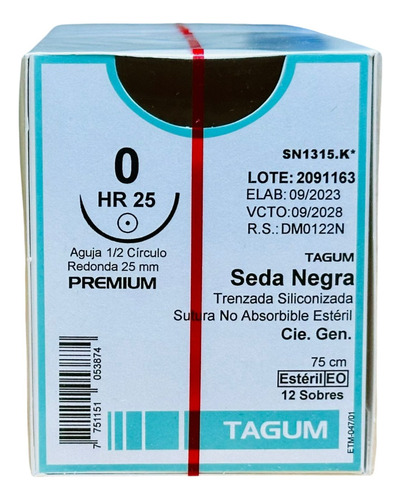 Sutura Seda Negra 0 Aguja Redonda 1/2 Circulo 25mm Tagum C12