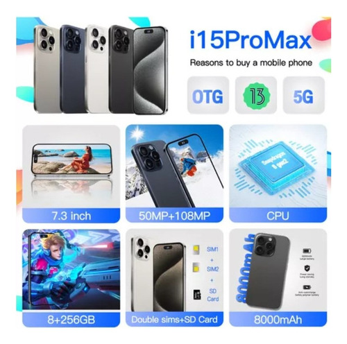 Smartphone Android Barato I15promax 7.3 Pulgadas 8gb+256gb -