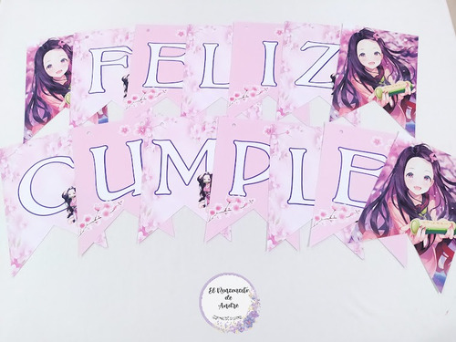 Cartel Banderin Personalizado Nesuko Feliz Cumple 14 Letras