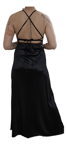 Vestido Negro Simil Raso De Fiesta Con Tajo 2 Seleccion