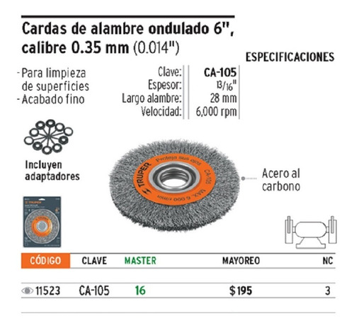 Cepillo 6'' Para Amoladora De Banco Truper 11523 20 Mm