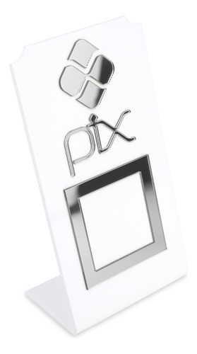 Placa Pix Qr Code Display Para Pagamentos Acrílico Branco Cor Branco e Prata