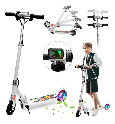 Scooter Eléctrico Patinete Plegable Patín Para Niños Led Luz Blanco