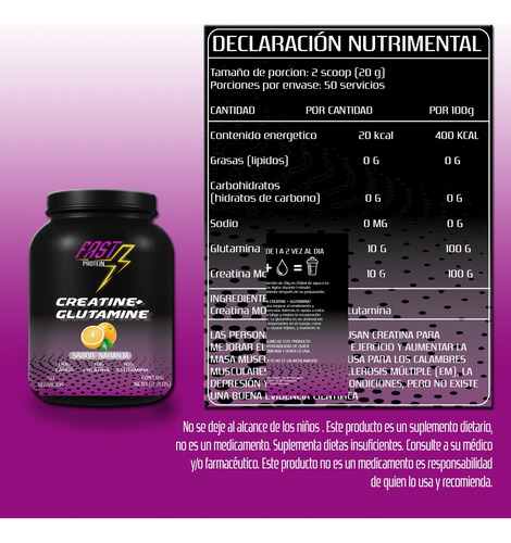 Creatina + Glutamina Fast Protein 1 Kg 50 Servicios Naranja