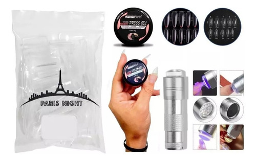 Kit Soft Gel 50 Tips Paris Night + Gel Solido + Linterna Uv.