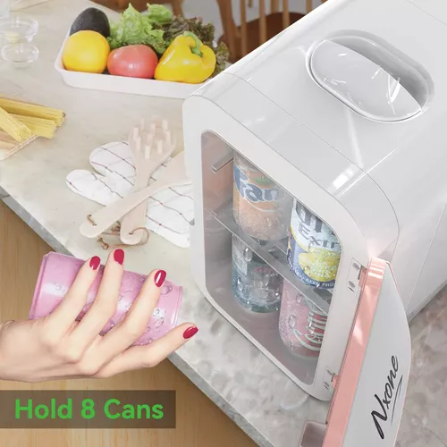 Mini nevera, refrigerador pequeño de 8 latas/6 litros, 110 VAC/12 V CC,  enfriador termoeléctrico portátil y calentador para el cuidado de la piel