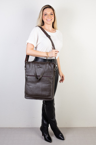 Bolsa Para Notebook Em Couro Liso Grafite Sandra Cor Café