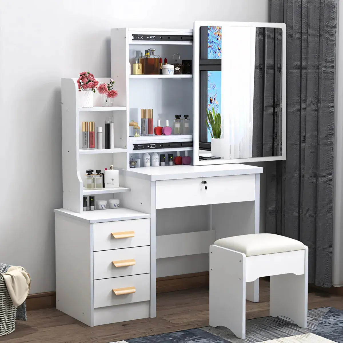 Tocador Dormitori Con Cuatro Cajon Y Silla Espejo Cuadrado Blanco