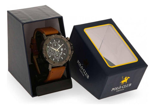 Reloj York Team Polo Club Jy-21b05 Café Correa Caqui Bisel Negro Fondo Negro
