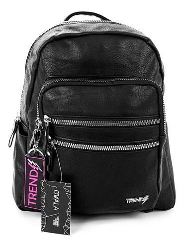 Imagen 2 de 7 de Mochila Mujer Cuero Sintetico Trendy Bolsillos Cierres Negra