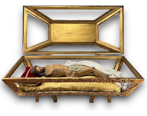 Cristo Yacente O Santo Entierro Y Urna En Hoja De Oro 125cm