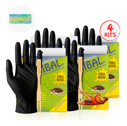 Kit 4 Mata Cucarachas Cannibal® Veneno Original Con Holograma De Autenticidad Exterminador Ecológico Con 4 Piezas De 80g. + Guante Y Aplicador