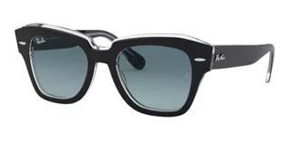 Óculos de sol Ray-Ban Wayfarer State Street Medium armação de acetato cor polished black on transparent, lente blue de cristal degradada, haste black de acetato - RB2186