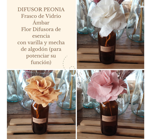 Frasco Ámbar + Flor Tela Peonia Con Mecha/varilla Difusora Flor Ocre