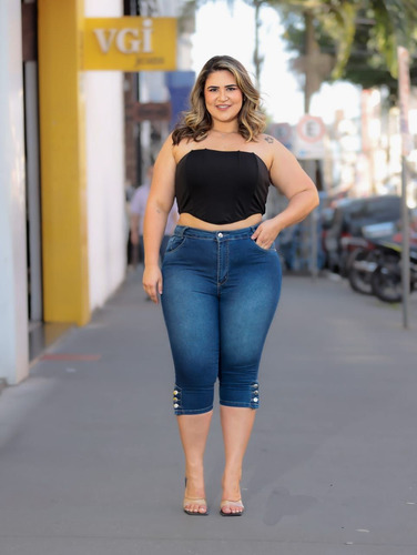 Calça Jeans C/ Lycra Capri Feminina Plus Size