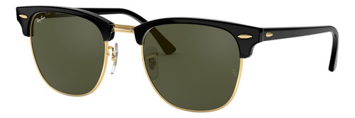 Gafas de sol Ray-Ban Clubmaster Classic Large con marco de acetato color polished black, lente green de cristal clásica, varilla polished black de acetato - RB3016