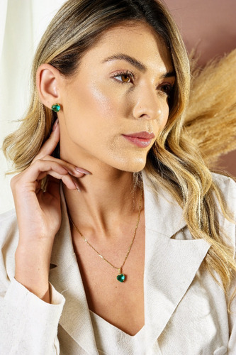 Conjunto Colar Brinco Coração Cravejado Banhado