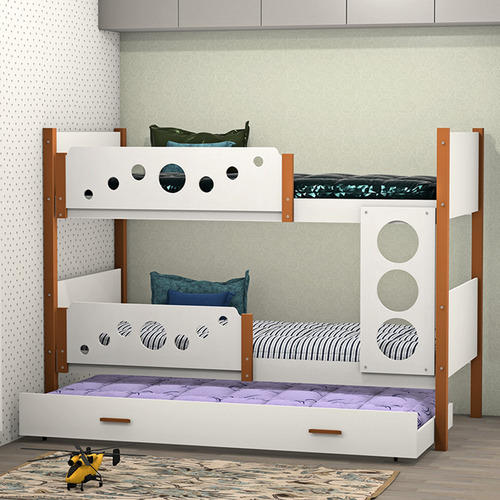 Beliche Infantil Solteiro Star C/ Cama Auxiliar Branco / Mel Cor Branco com Mel Bolinhas