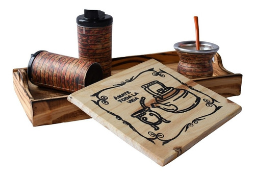 Imagen 4 de 10 de Bandeja Madera Porta Pava Juego Mate Yerbera Azucarera 40 Cm