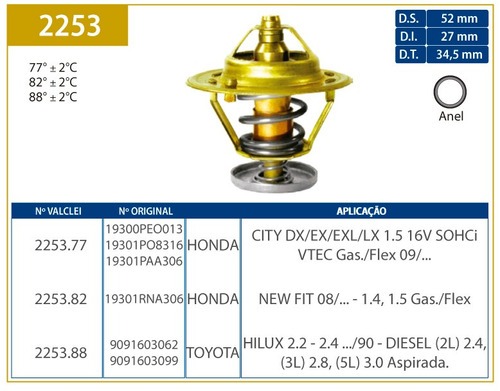 Valvula Termostatica Toyota Hilux 2.2/ 2.4 .../90 - 2l / 2.8
