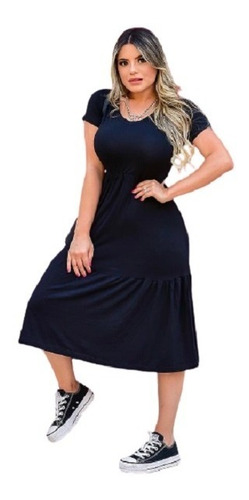 Vestido Midi Verão Com Manguinha Babado Larga Barra P Ao Xg