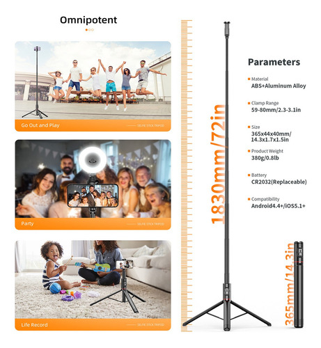 1.83m Selfie Stick Tripié Con Bluetooth Control Telefono