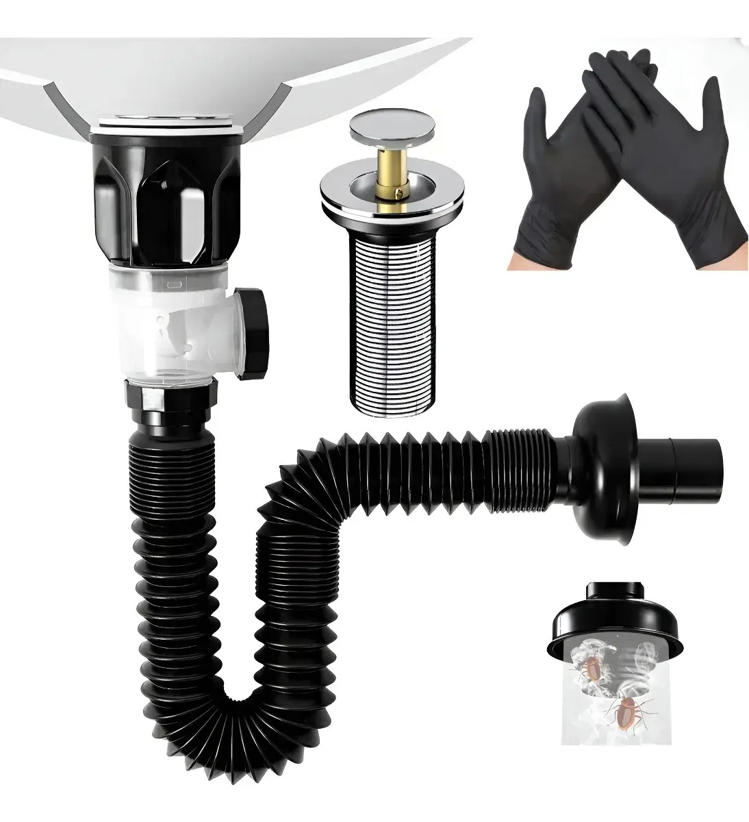 Cespol Flexible Anti Olores Negro para Fregadero de Baño y Lavabo 1-1/4" a 1-1/2"